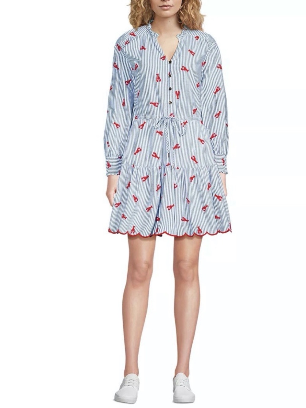 LANDS END Lobster Appliqué DRESS Size MEDIUM New Striped Blue Coastal